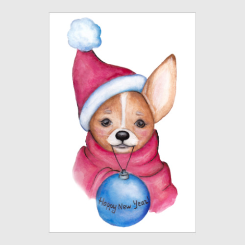 Постер Новогодняя собачка с шариком
