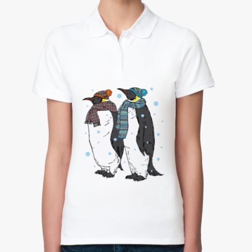 Женская рубашка поло Новогодние пингвины в шапках