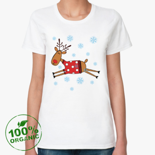 Женская футболка из органик-хлопка Новогодний олень в свитере