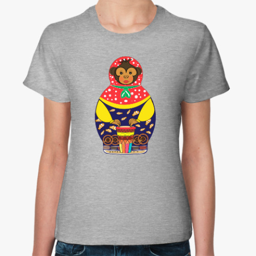 Женская футболка Обезьянка-матрешка с барабаном