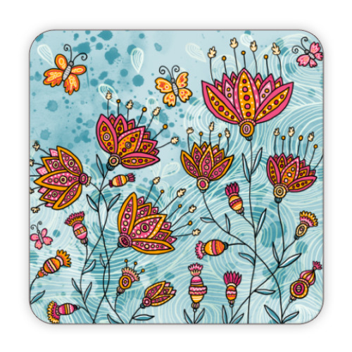 Костер (подставка под кружку) Цветы и бабочки