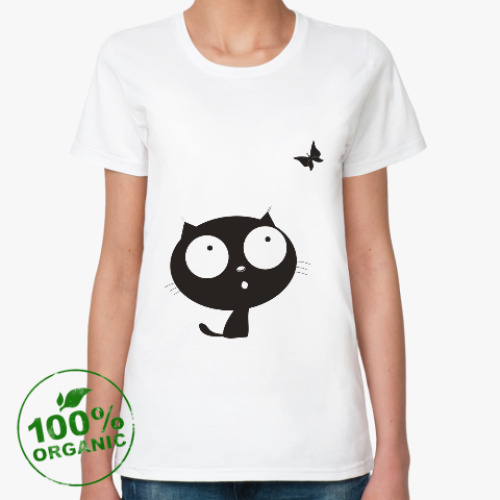 Женская футболка из органик-хлопка котенок с бабочкой