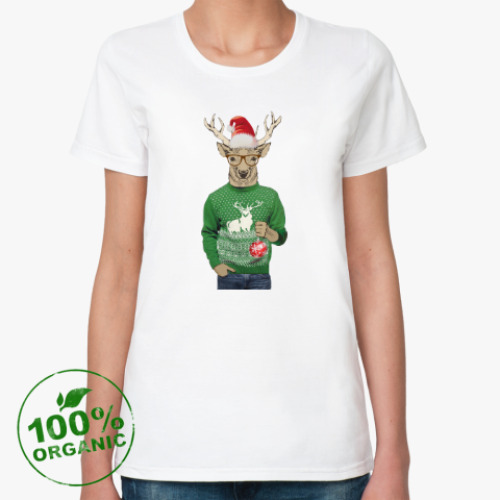 Женская футболка из органик-хлопка Олень новогодний в свитере из органик-хлопка