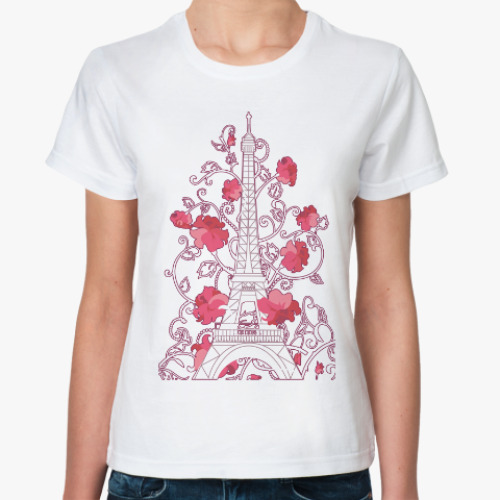 Классическая футболка Эйфелева башня в цветах, розах