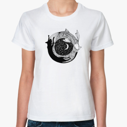 Классическая футболка Кот, рыба и луна
