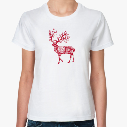 Классическая футболка Силуэт оленя в снежинках