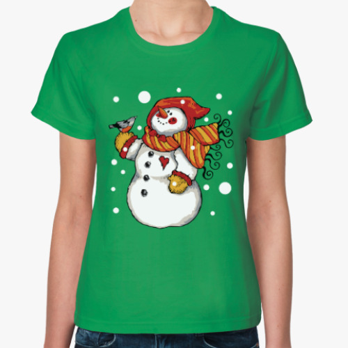 Женская футболка Снеговик и снегирь