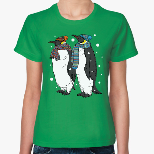 Женская футболка Новогодние пингвины в шапках