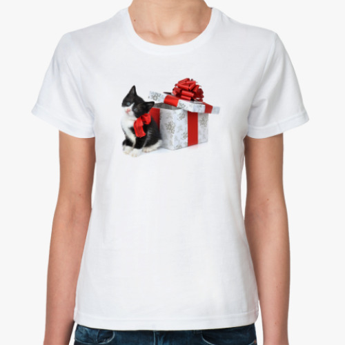 Классическая футболка Новый год с котом и подарком