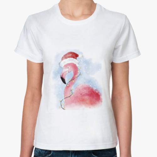 Классическая футболка Фламинго в шапке Санты