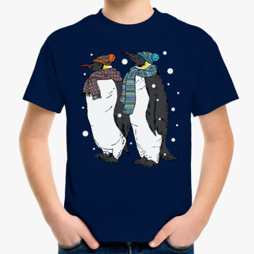 Детская футболка Новогодние пингвины в шапках