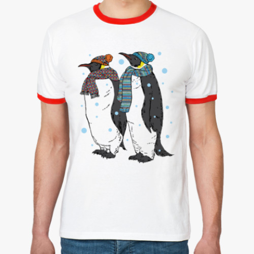 Футболка Ringer-T Новогодние пингвины в шапках