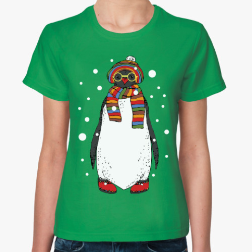 Женская футболка Новогодний пингвин в шапке