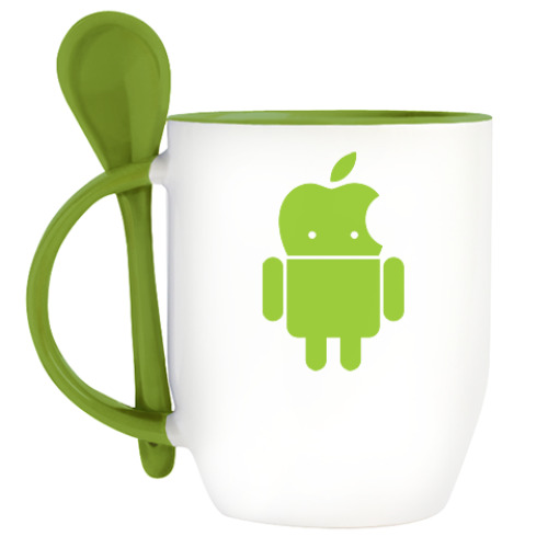 Кружка с ложкой Андроид голова-яблоко