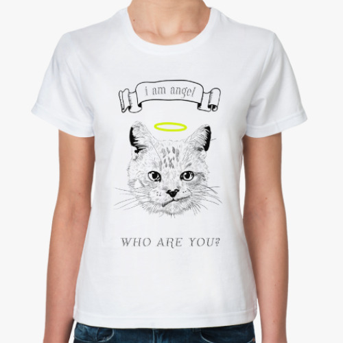 Классическая футболка Кот ангел с нимбом над головой