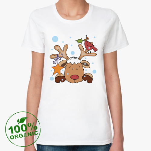 Женская футболка из органик-хлопка Новогодний олень и снегирь