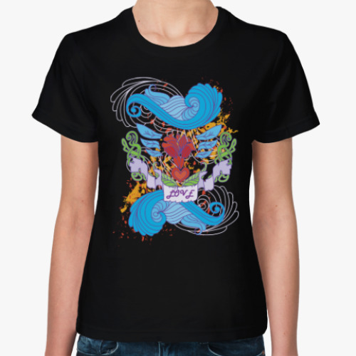 Женская футболка Абстрактный дизайн роза и крылья