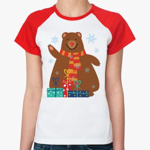 Женская футболка реглан Медведь с подарками