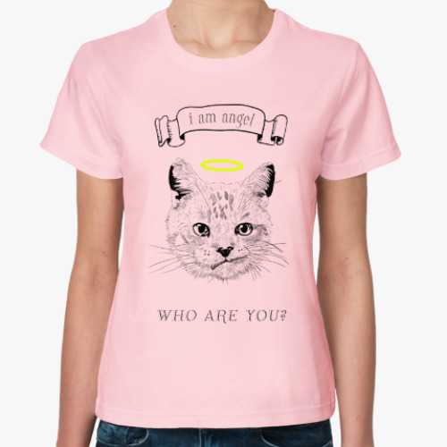 Женская футболка Кот ангел с нимбом над головой