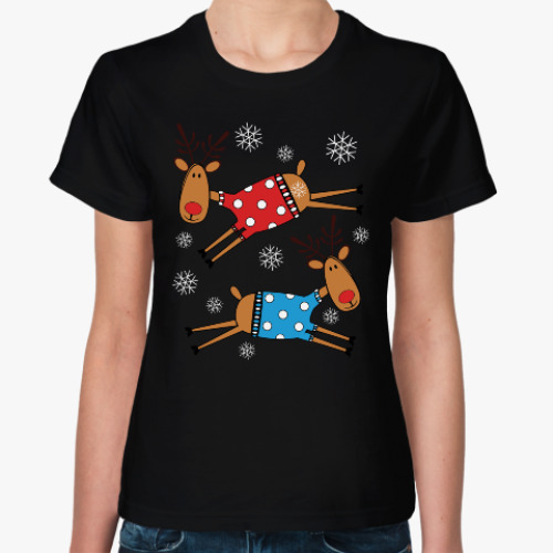 Женская футболка Новогодние олени в свитерах