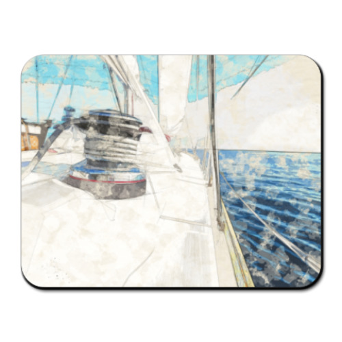 Коврик для мыши Акварельный рисунок яхты в море
