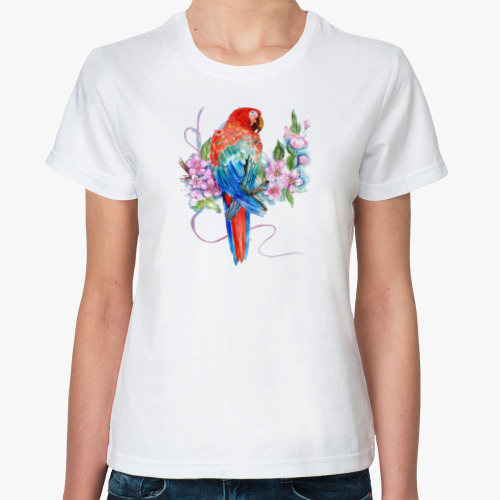 Классическая футболка Попугай на ветке попугай ара птицы цветы