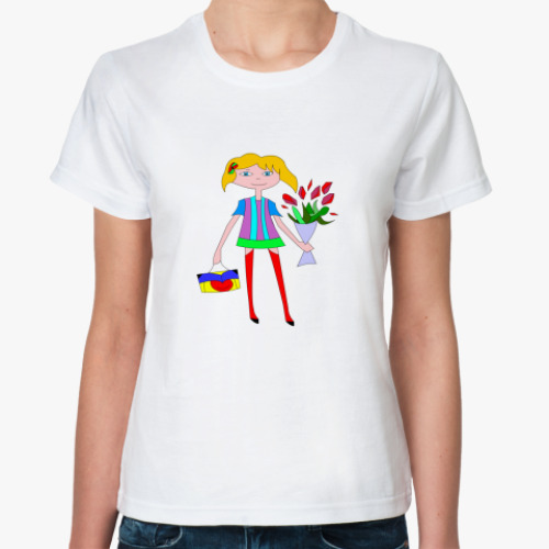 Классическая футболка   Девочка с букетом