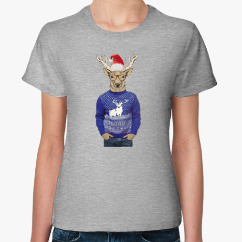 Женская футболка Олень хипстер в шапке Санты