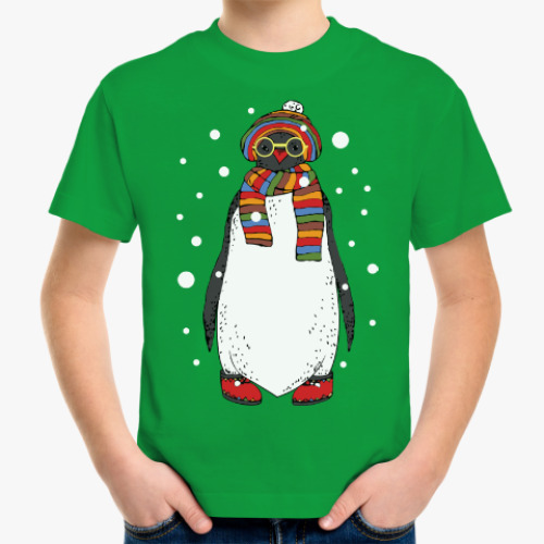 Детская футболка Новогодний пингвин в шапке