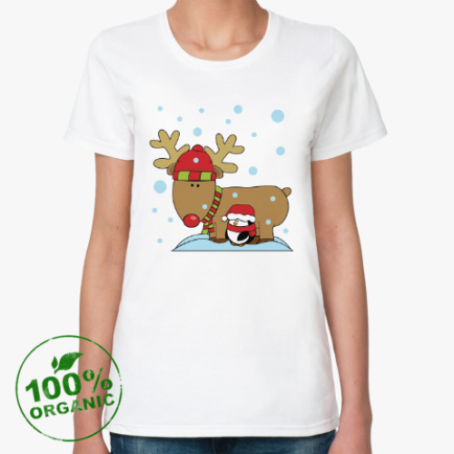 Женская футболка из органик-хлопка Новогодний олень и пингвин