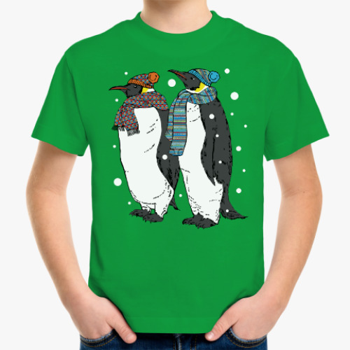 Детская футболка Новогодние пингвины в шапках