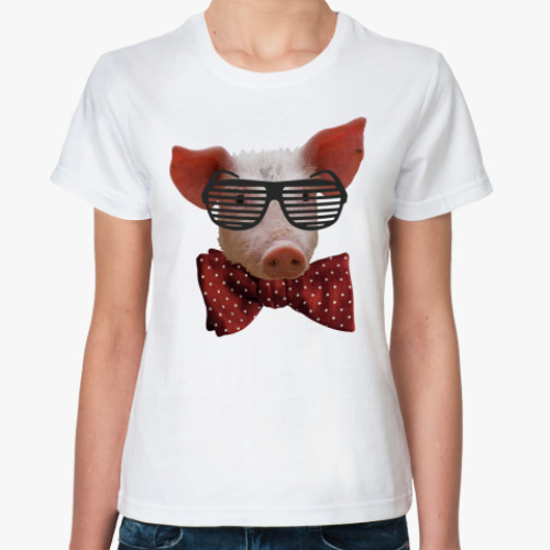 Классическая футболка Свинья в очках и бабочке