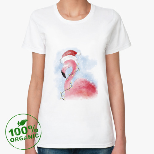 Женская футболка из органик-хлопка Фламинго в шапке Санты