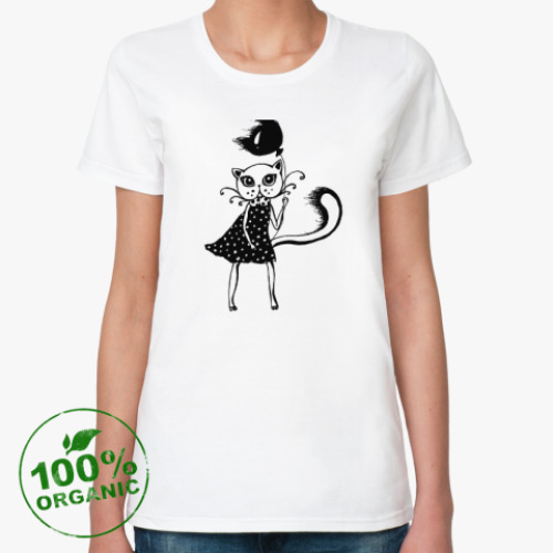 Женская футболка из органик-хлопка Кошка-девочка с шариком