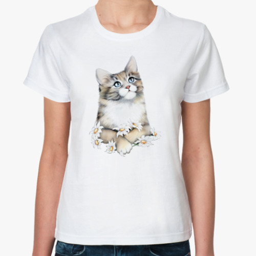 Классическая футболка Кот в ромашках