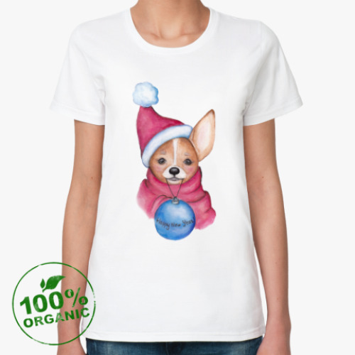 Женская футболка из органик-хлопка Новогодняя собачка с шариком