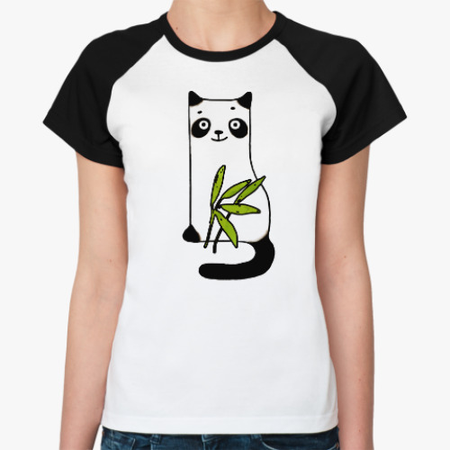 Женская футболка реглан Панда котик и бамбук