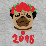 Милый мопс в венке из роз. Символ 2018 года