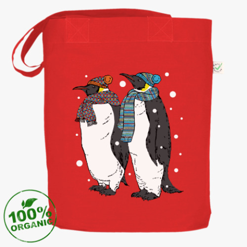 Сумка шоппер Новогодние пингвины в шапках