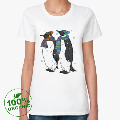 Женская футболка из органик-хлопка Новогодние пингвины в шапках