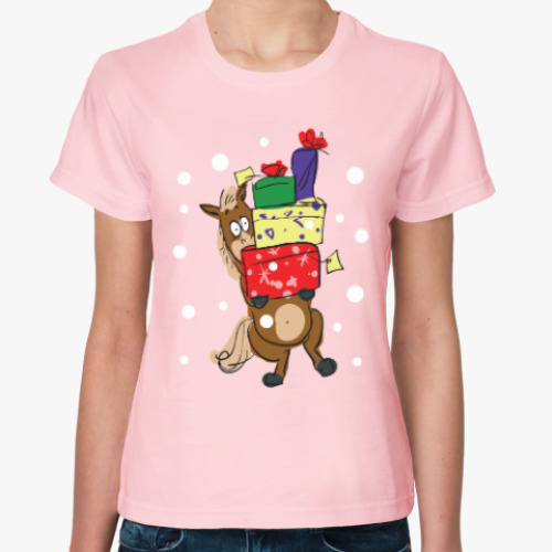 Женская футболка Новогодняя лошадь с подарками