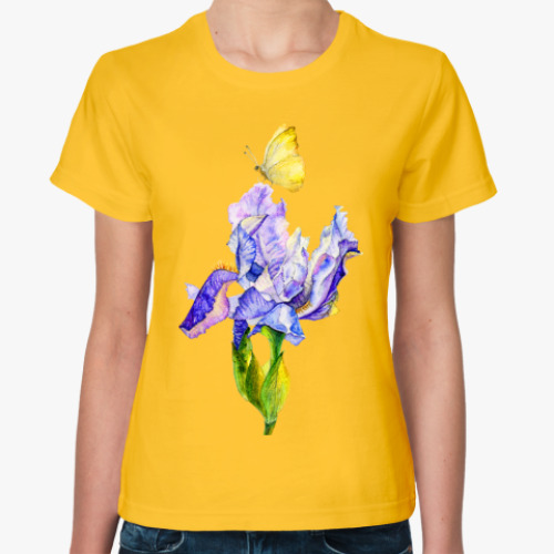 Женская футболка цветок ириса с бабочкой