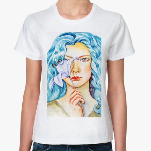 Классическая футболка девушка с бирюзовыми волосами и лилией